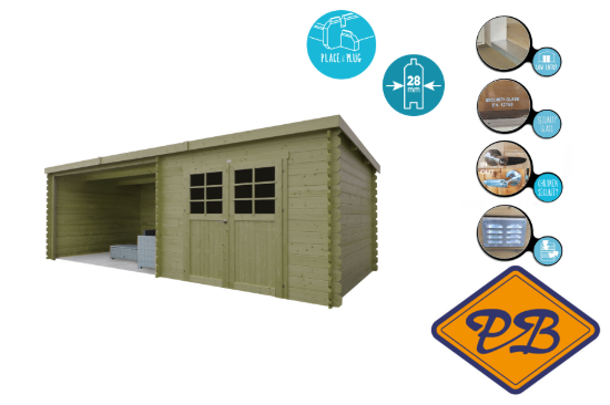 Afbeelding van Solid vuren blokhut 28mm S8369-1 Rohan standaard verduurzaamd afmeting  298+364,4x298cm