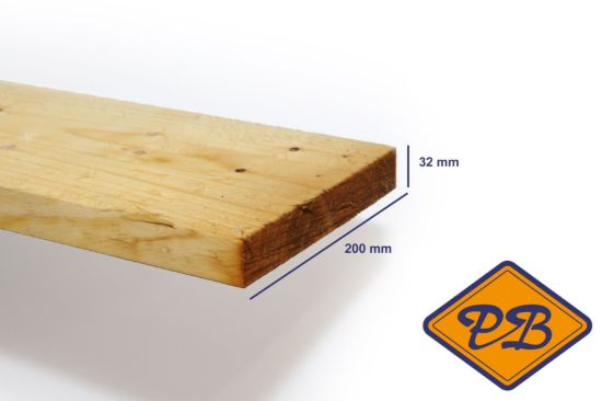 Afbeelding van vuren ME steigerplank(gedroogd & onbehandeld) ruw 32x200mm
