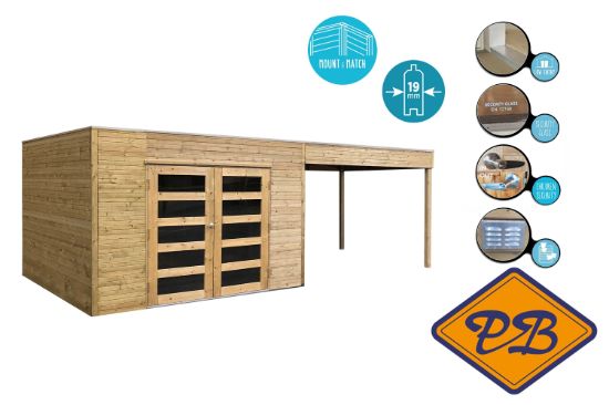 Afbeelding van Solid vuren blokhut 19mm S8732-1 Salerno standaard verduurzaamd afmeting 298,8+287,0x198,8cm